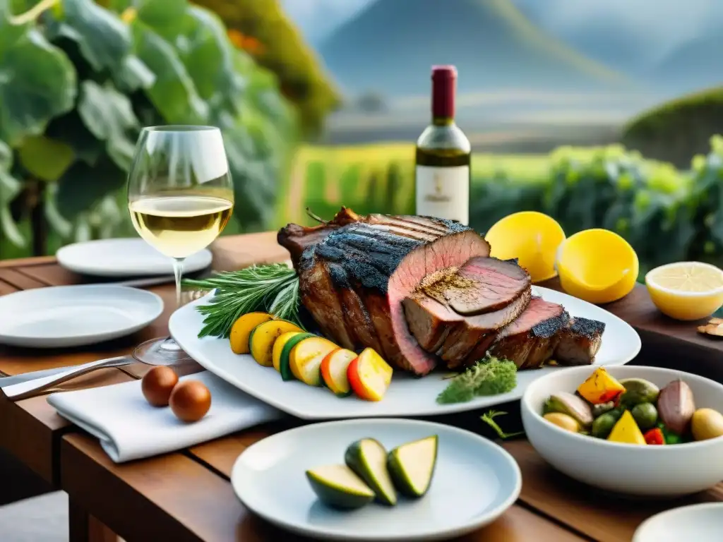 Una mesa al aire libre en un exuberante jardín con un asado uruguayo y maridaje de vinos blancos