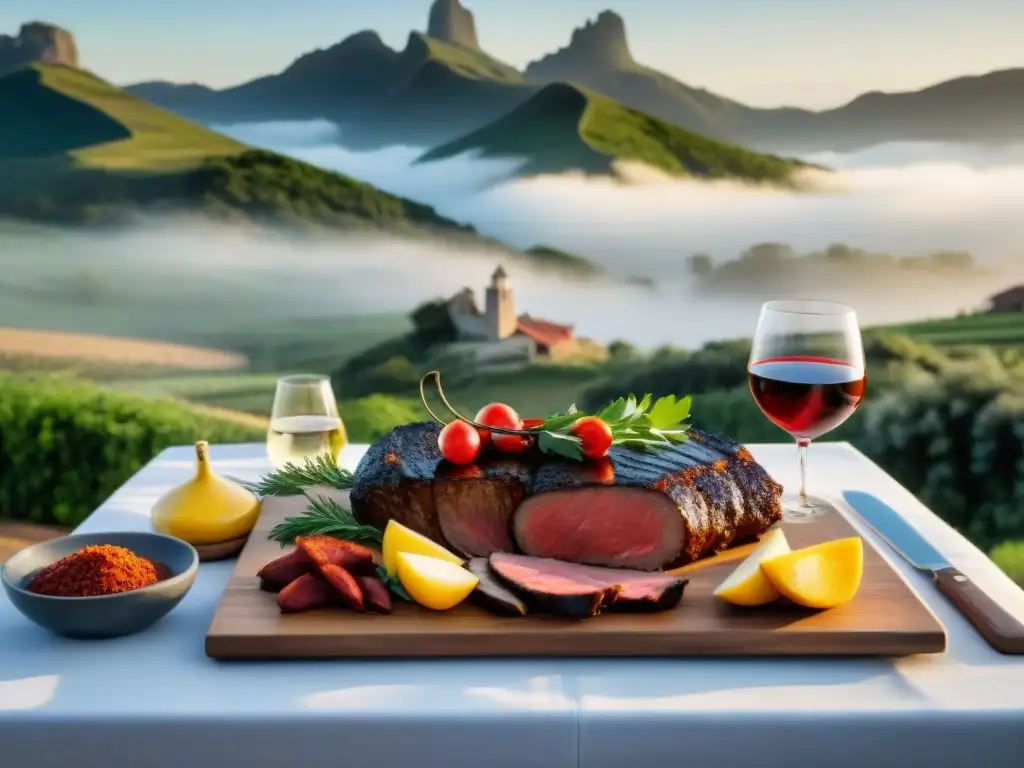 Una mesa al aire libre en Uruguay con influencia europea en maridajes asado: carnes a la parrilla y vinos Tannat