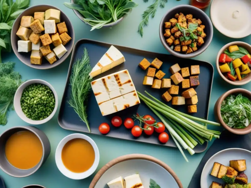 Una mesa de barbacoa al aire libre con platos creativos y coloridos de tofu y tempeh