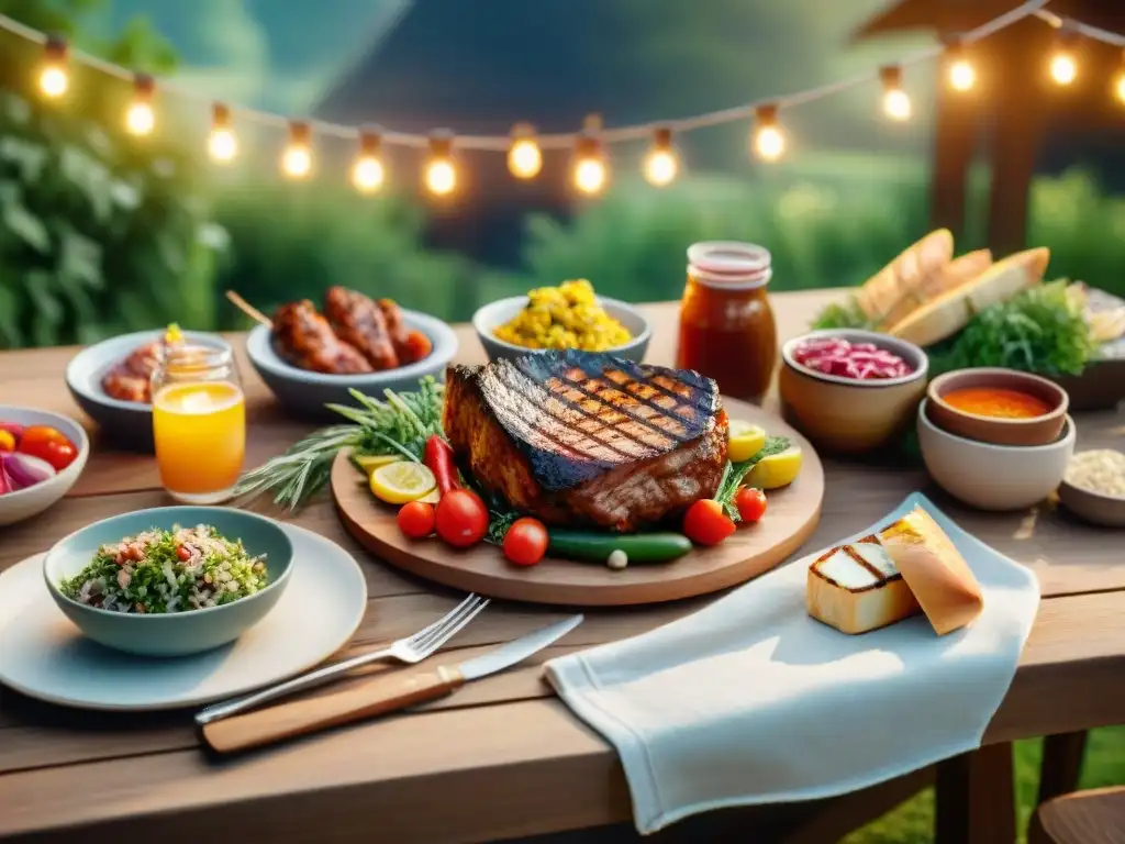 Una mesa al aire libre bellamente preparada para un asado, rodeada de naturaleza y luces cálidas, creando una presentación de asado perfecta