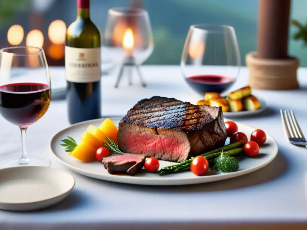 Una mesa al aire libre con una Riñonada asado uruguayo y copas de vino Tannat