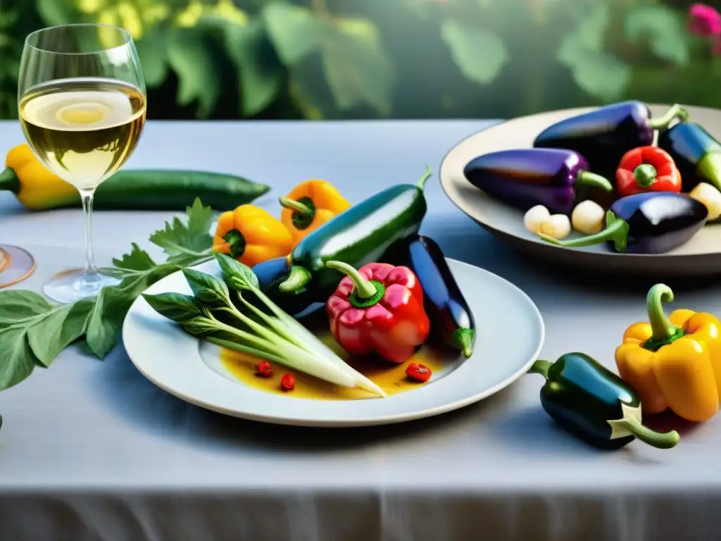 Una mesa al aire libre con vegetales asados y vinos, en un jardín colorido