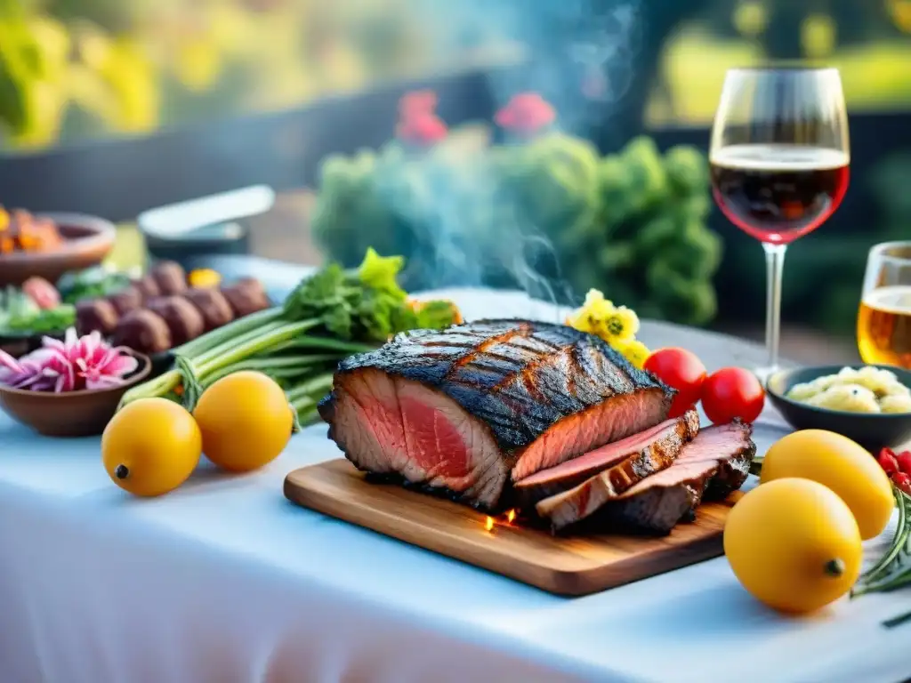 Una mesa al aire libre con vinos, cervezas y asado en la parrilla