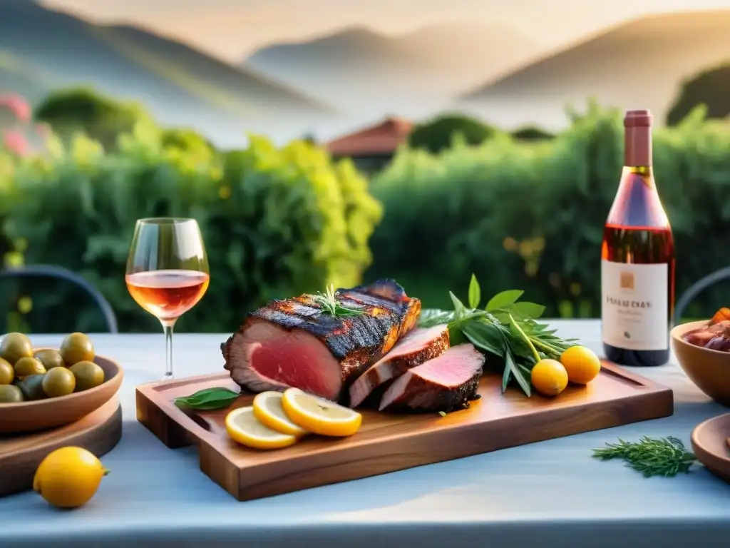 Una mesa al aire libre con vinos blancos y asado uruguayo, en un jardín exuberante al atardecer