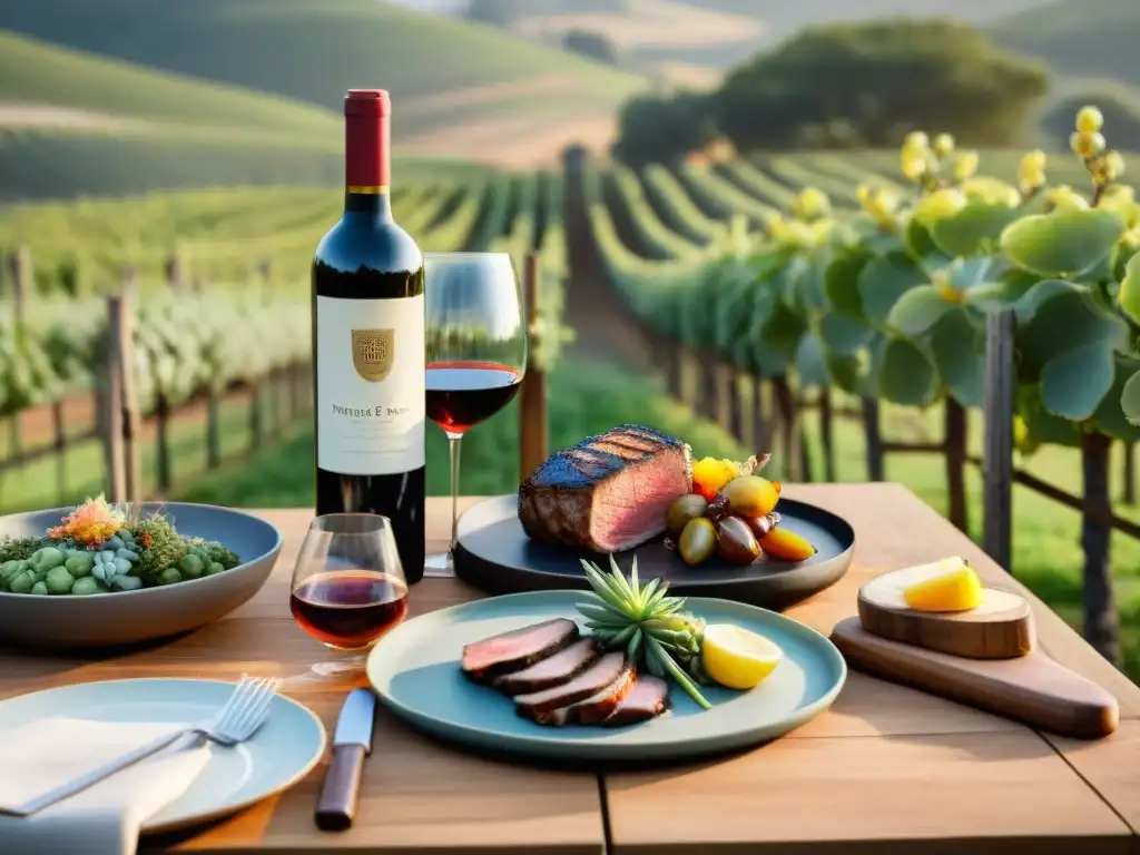 Una mesa al aire libre con vinos y asados expertos en un viñedo al atardecer