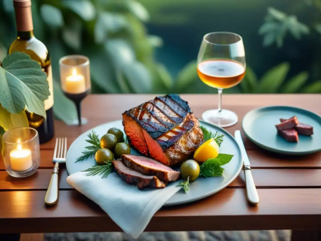 Mesa de asado al aire libre con deliciosas carnes y vinos uruguayos para asado perfecto