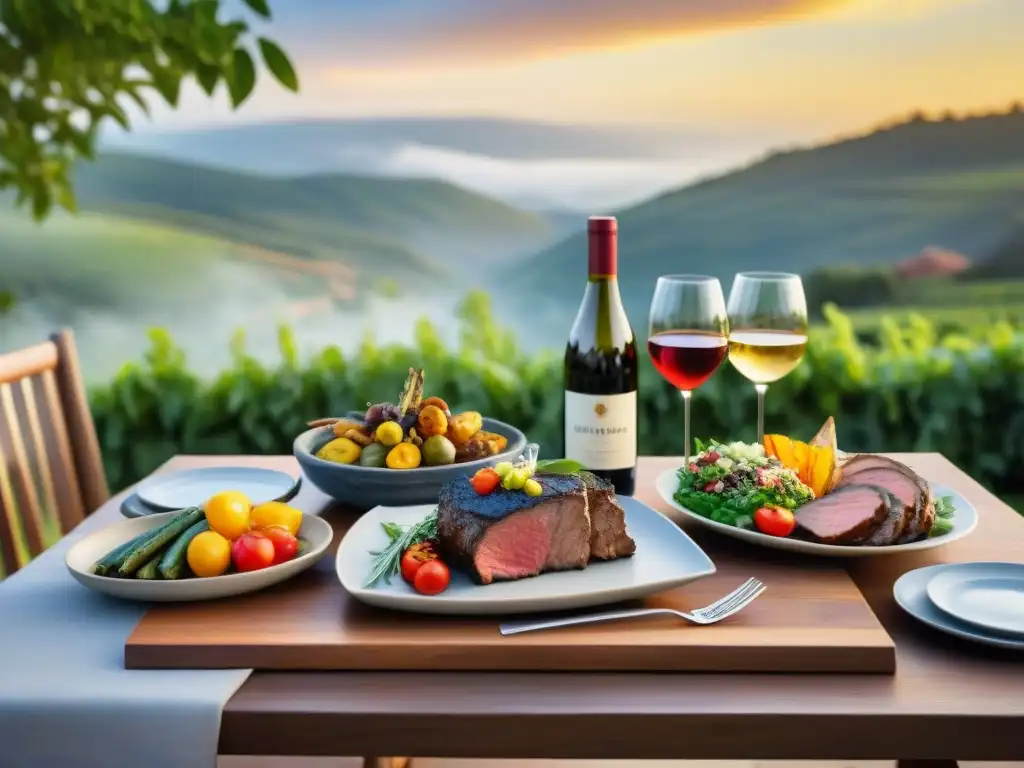 Una mesa de asado al aire libre bellamente ambientada, con vinos y comidas exquisitas, rodeada de naturaleza