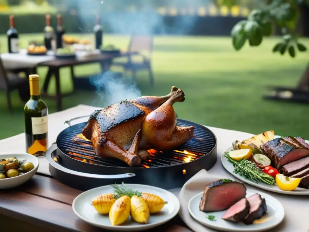 Una mesa de asado argentina con maridaje de vino, riqueza cultural en armonía bajo el sol filtrado entre la vegetación