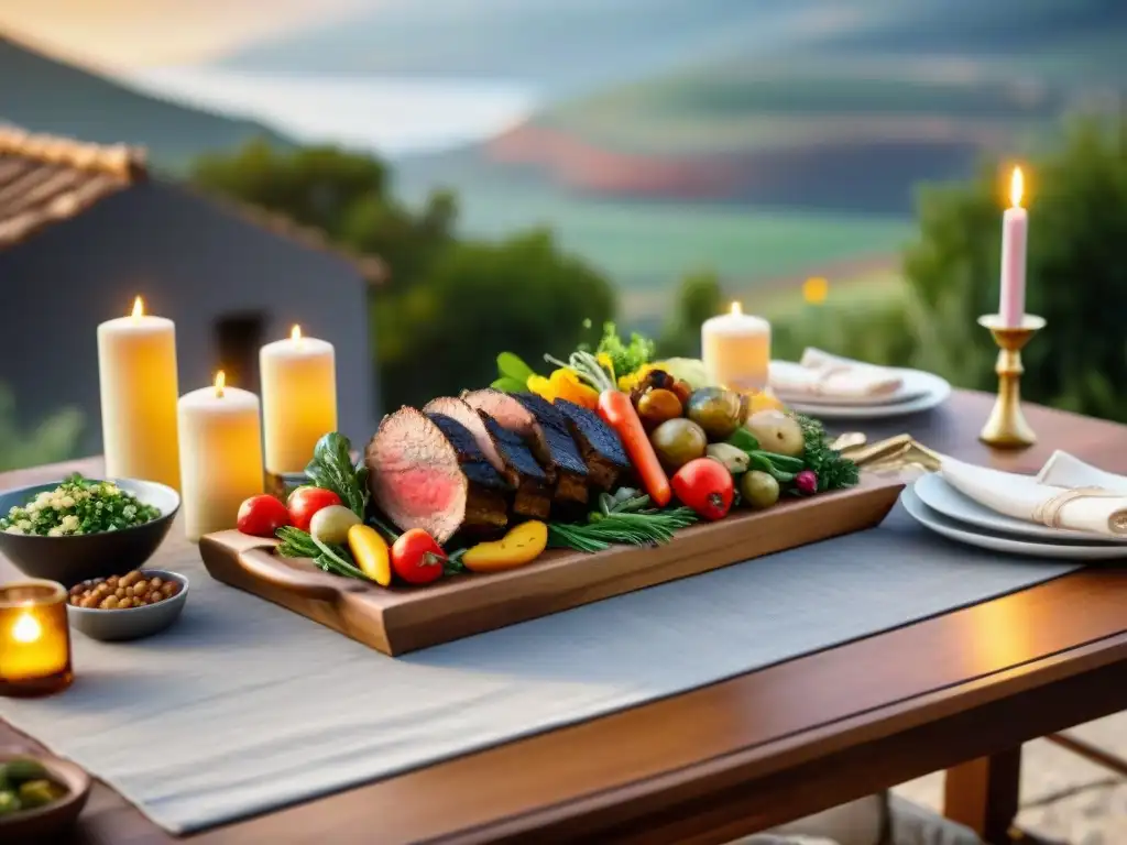 Una mesa de asado para celebraciones con exquisitas carnes, ensaladas y vegetales asados, decorada elegantemente al aire libre al atardecer