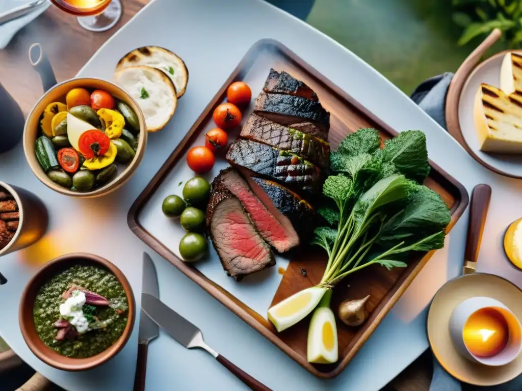 Una mesa uruguaya para un asado, decorada con vino, chimichurri, velas y flores