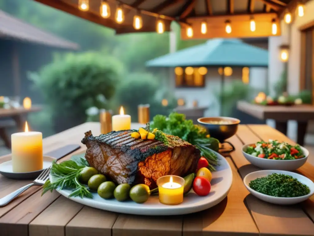 Una mesa de asado al disco argentina bellamente decorada al aire libre con recetas de asado al disco, creando un ambiente cálido y acogedor