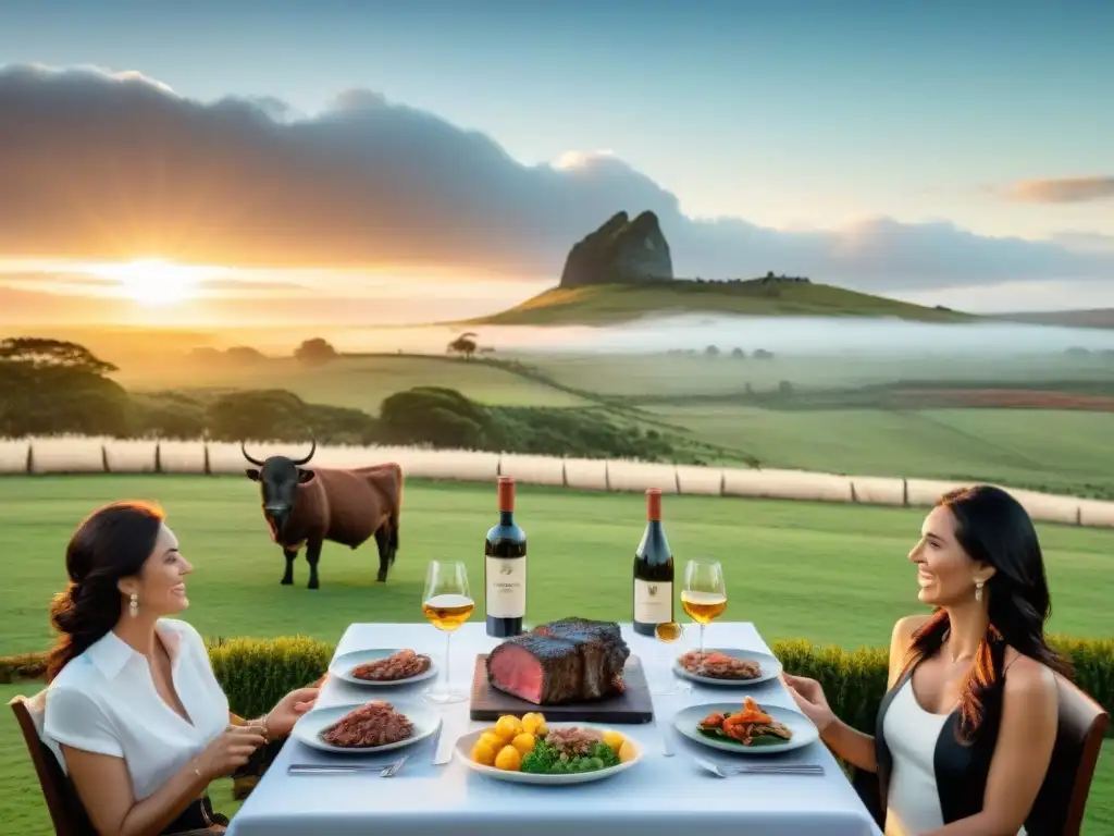 Una mesa de asado en una estancia uruguaya al atardecer