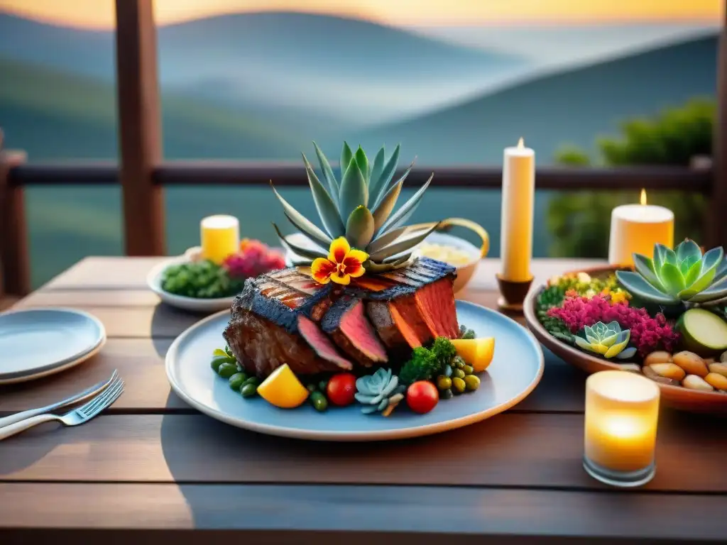 Una mesa de asado irresistible con presentación psicológica, bañada por la luz dorada del atardecer