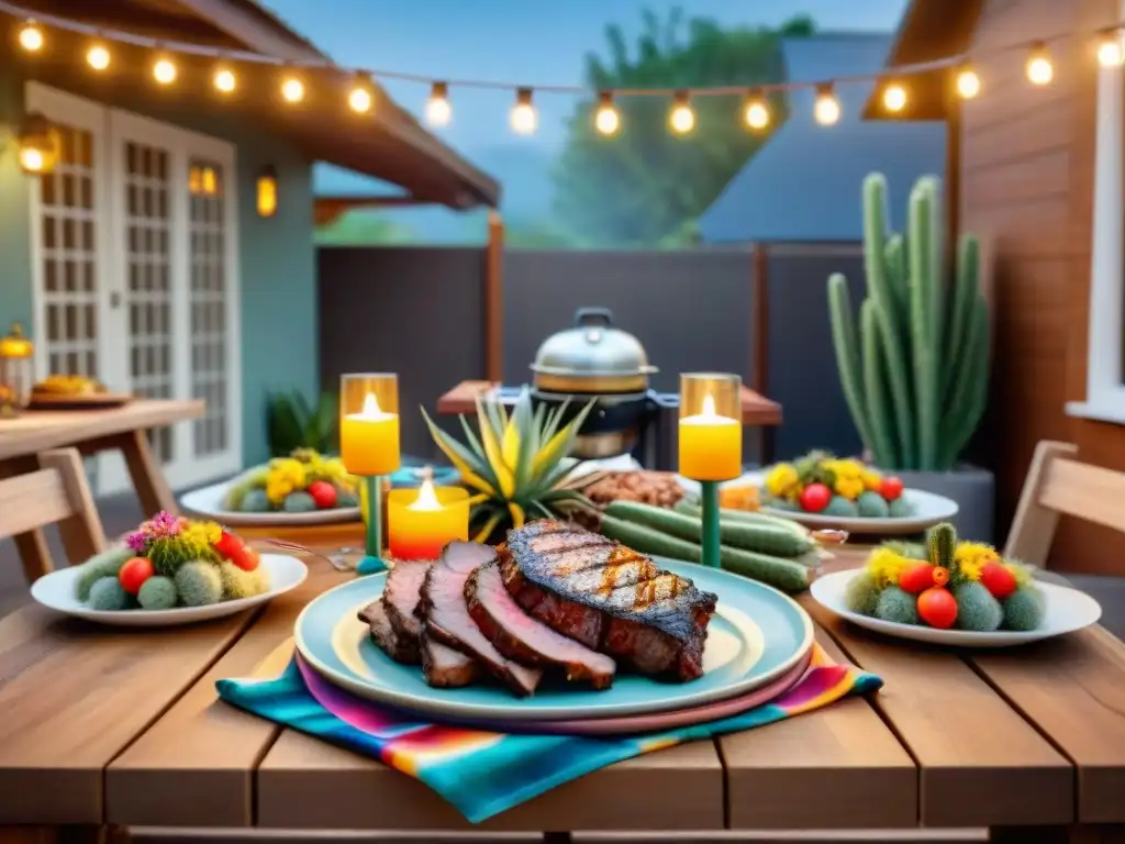 Una mesa de asado temático con decoraciones coloridas y luces brillantes, sizzling grill, creando una atmósfera festiva