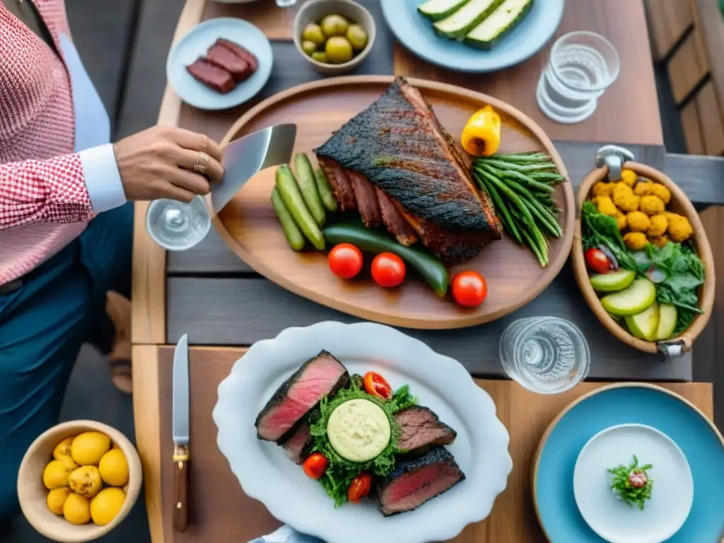 Una mesa de asado uruguayo al aire libre con Ensalada César como protagonista, rodeada de invitados y una parrilla al fondo