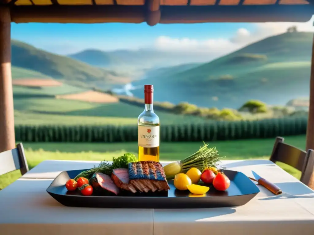 Una mesa de asado uruguayo al aire libre con una Grappa uruguaya como centro, rodeada de delicias y un paisaje campestre