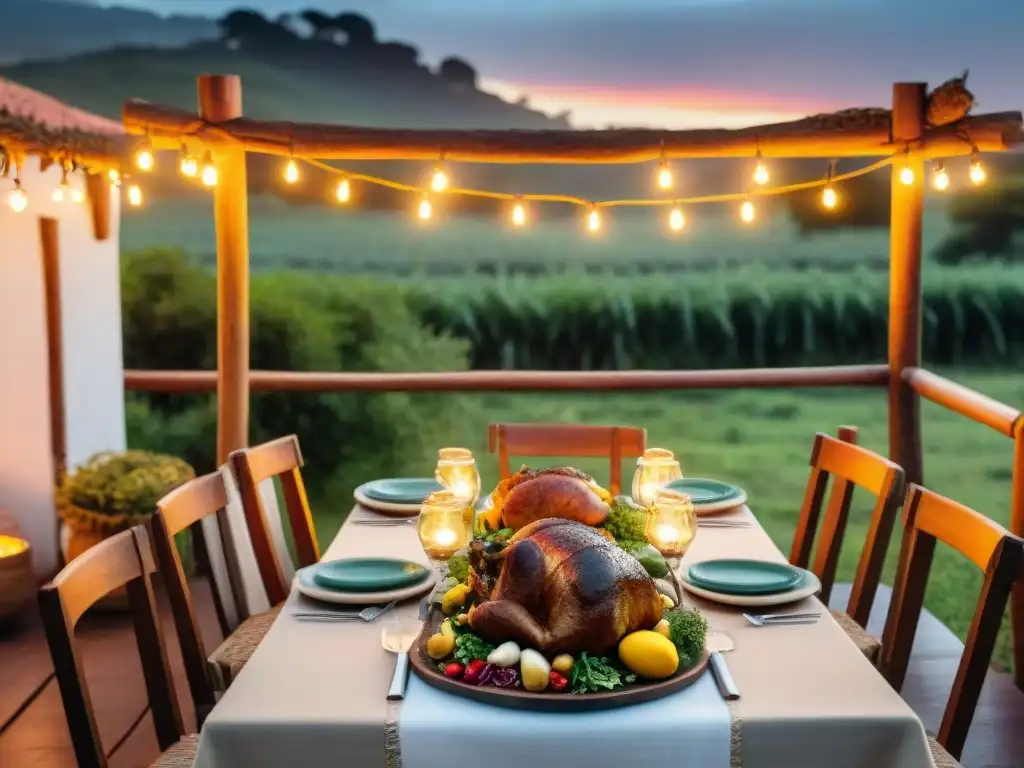 Una mesa de asado uruguayo con amigos riendo bajo luces al atardecer