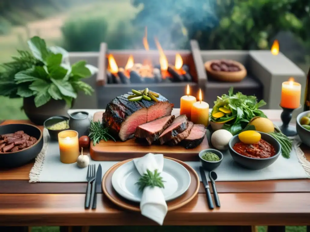 Una mesa de asado uruguayo al atardecer, con churrasco, morcilla, chimichurri, provoleta, vinos Tannat