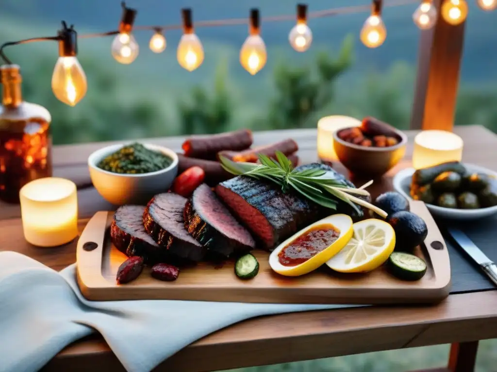 Una mesa de asado uruguayo al atardecer con una decoración elegante y deliciosa comida a la parrilla, ideal para eventos memorables con asado uruguayo