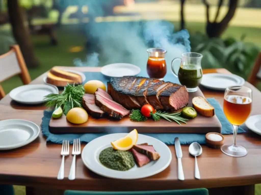 Una mesa de asado uruguayo con bebidas tradicionales rodeada de naturaleza y luz cálida