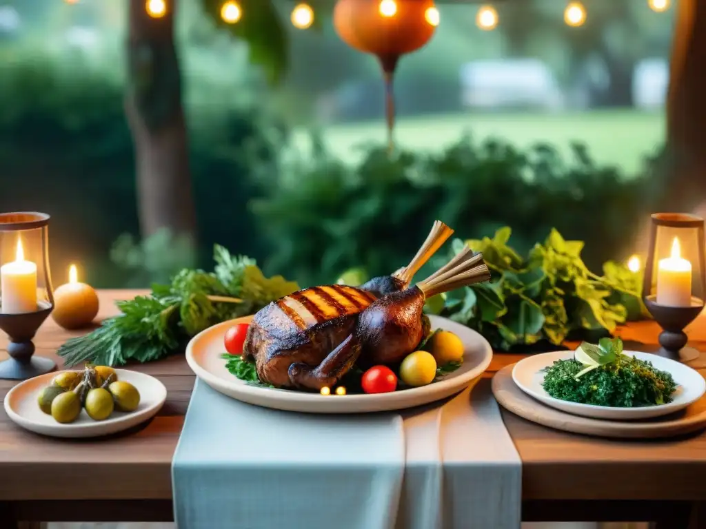 Una mesa de asado uruguayo con carnes, chimichurri, vinos y mate