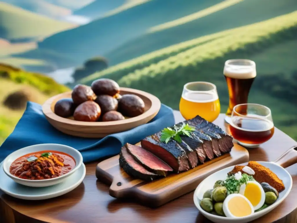 Una mesa de asado uruguayo con cerveza artesanal y chimichurri, en un escenario campestre con colinas y cielo azul