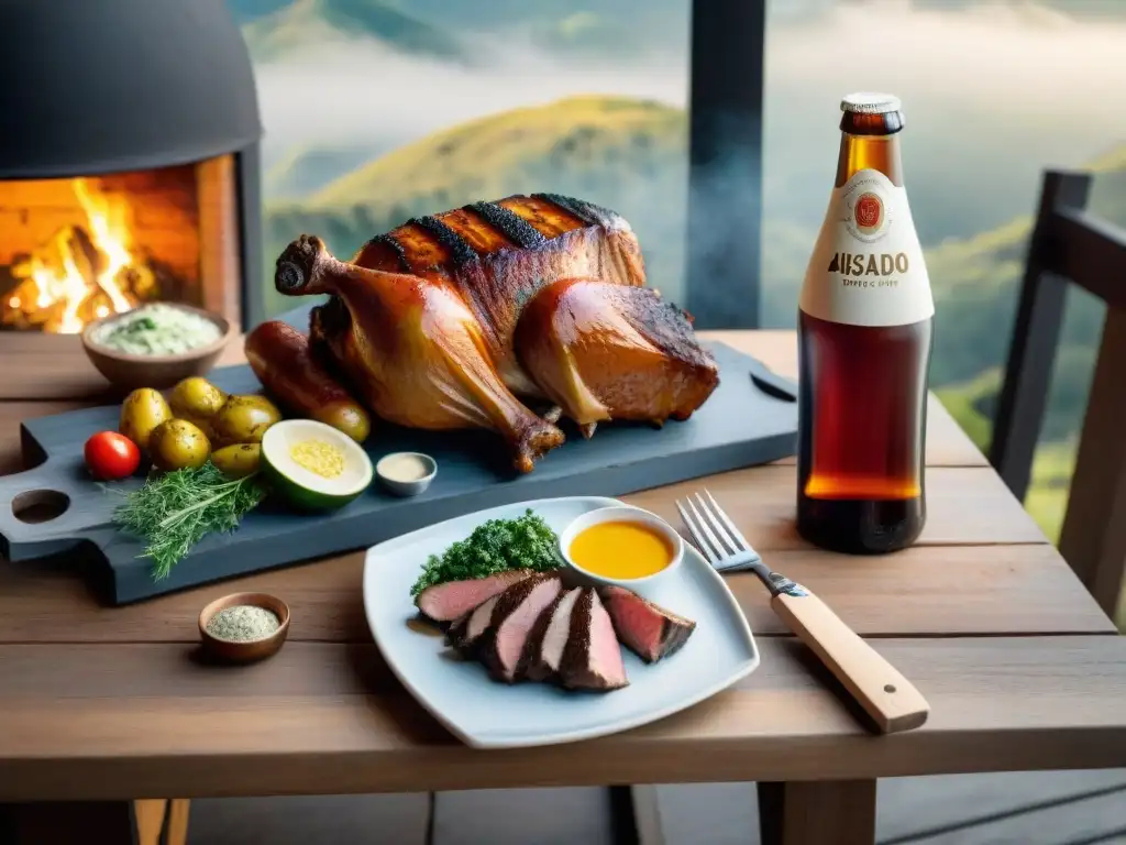 Una mesa de asado uruguayo con cervezas artesanales y deliciosas carnes a la parrilla, bañada en cálida luz solar