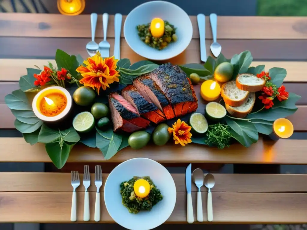 Una mesa de asado uruguayo con equilibrio visual en los detalles, carnes, ensaladas y chimichurri