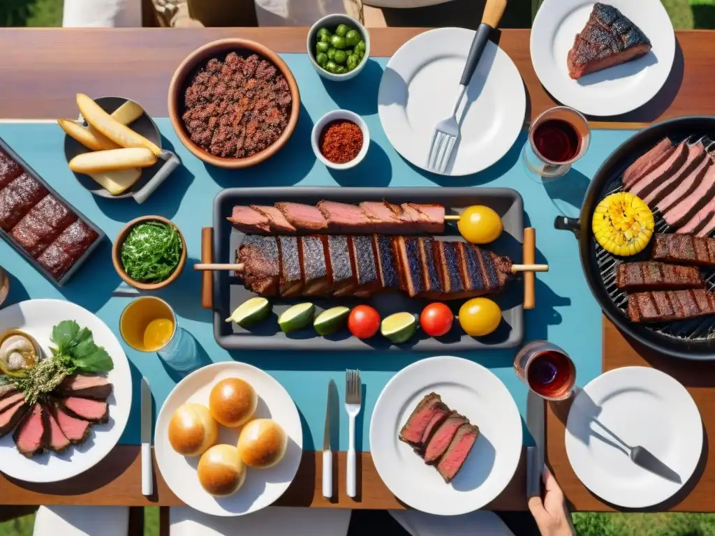 Una mesa de asado uruguayo con influencias internacionales en un entorno soleado y vibrante