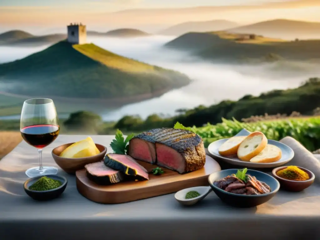Asado uruguayo: mesa al aire libre con vinos y carnes a la parrilla Una mesa de asado uruguayo con maridaje de vinos, rodeada de la serena campiña al atardecer