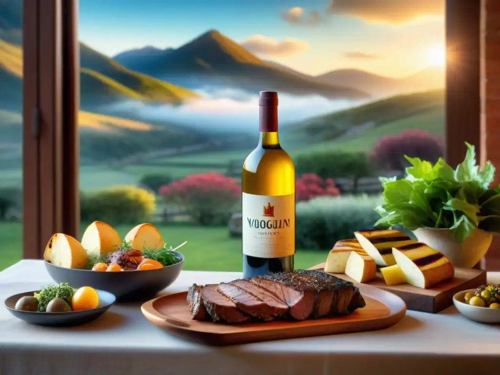 Una mesa de asado uruguayo con maridaje viognier, decoración tradicional y alimentos frescos a la luz del sol