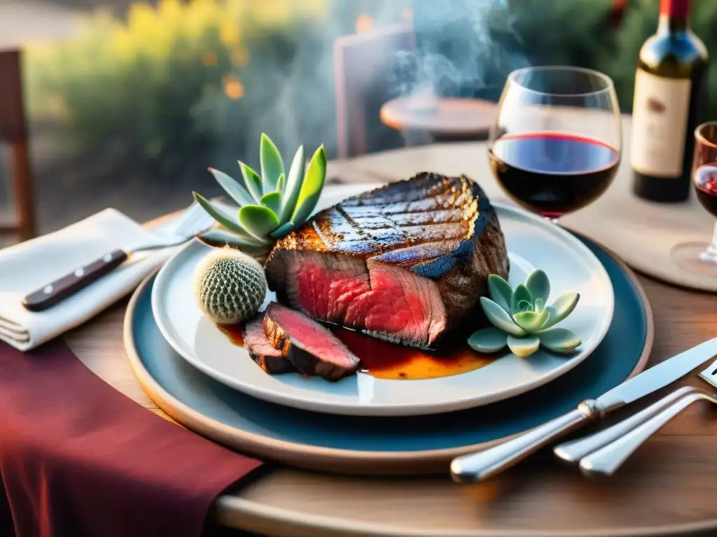 Una mesa de asado uruguayo con maridaje vino, bañada en cálida luz solar