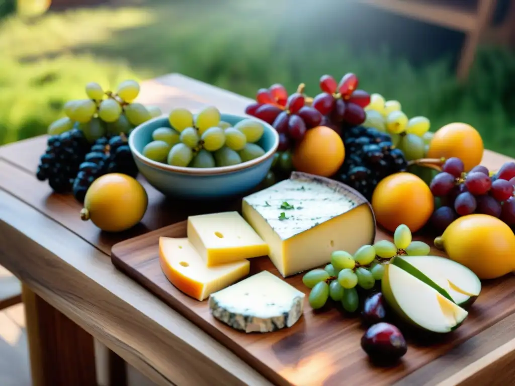 Una mesa de asado uruguayo con maridaje de quesos y frutas, bajo el cálido sol