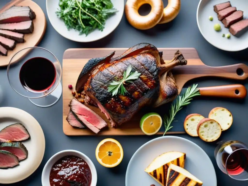 Una mesa de asado uruguayo con maridaje vinos cortes carne, iluminada naturalmente