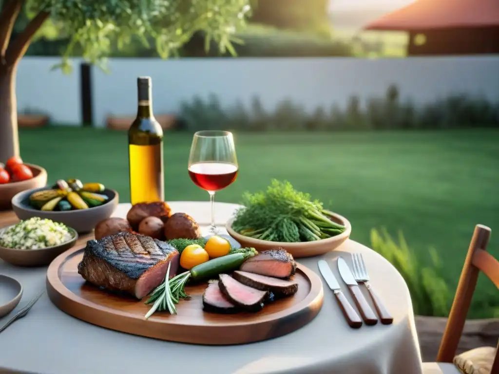 Una mesa de asado uruguayo con maridajes innovadores en un jardín exuberante al atardecer