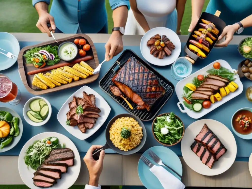 Una mesa de asado uruguayo con platos innovadores y bebidas creativas, en un ambiente de amigos y parrilla moderna