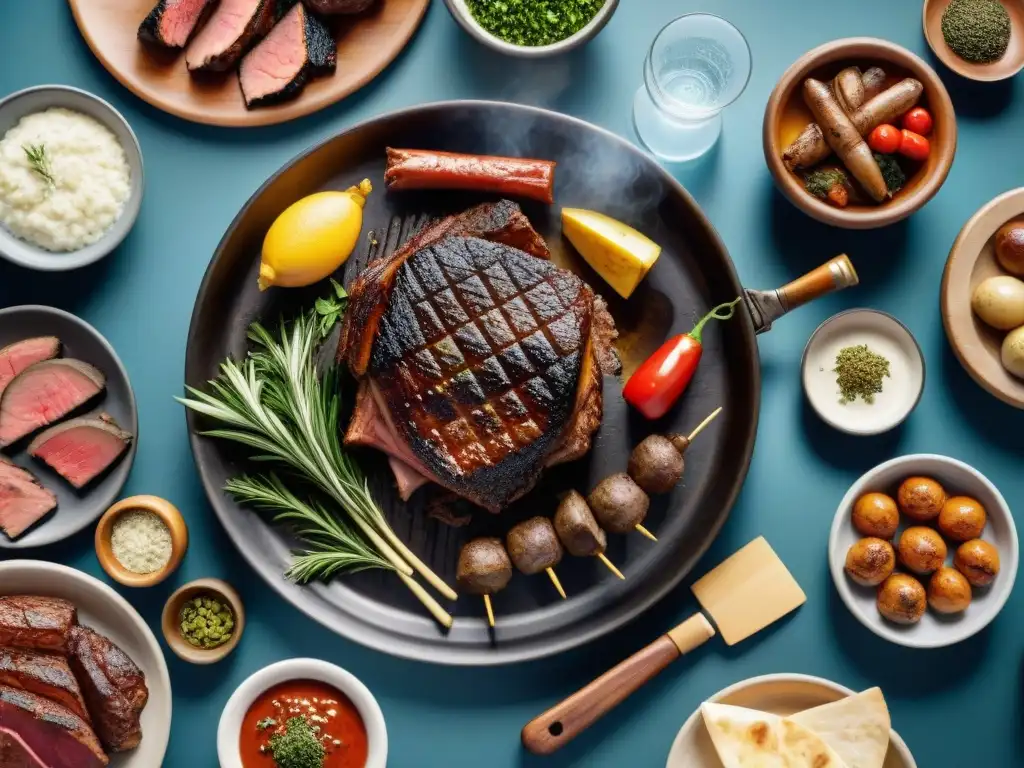 Una mesa de asado uruguayo tradicional con cortes de carne premium, hierbas y especias locales, evocando la tradición culinaria uruguaya