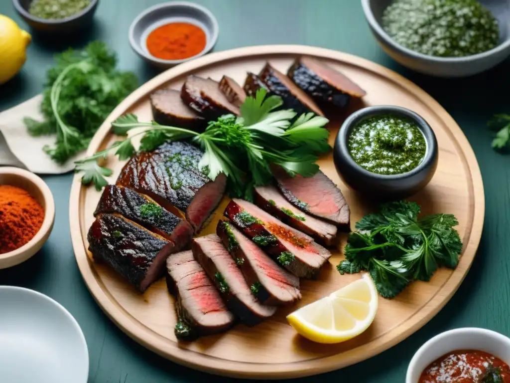 Una mesa de asado uruguayo con variaciones de chimichurri, carnes jugosas y coloridas hierbas frescas