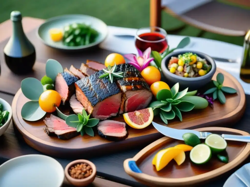 Una mesa de asado uruguayo con variedad de cortes magros y bebidas refrescantes, en un día soleado