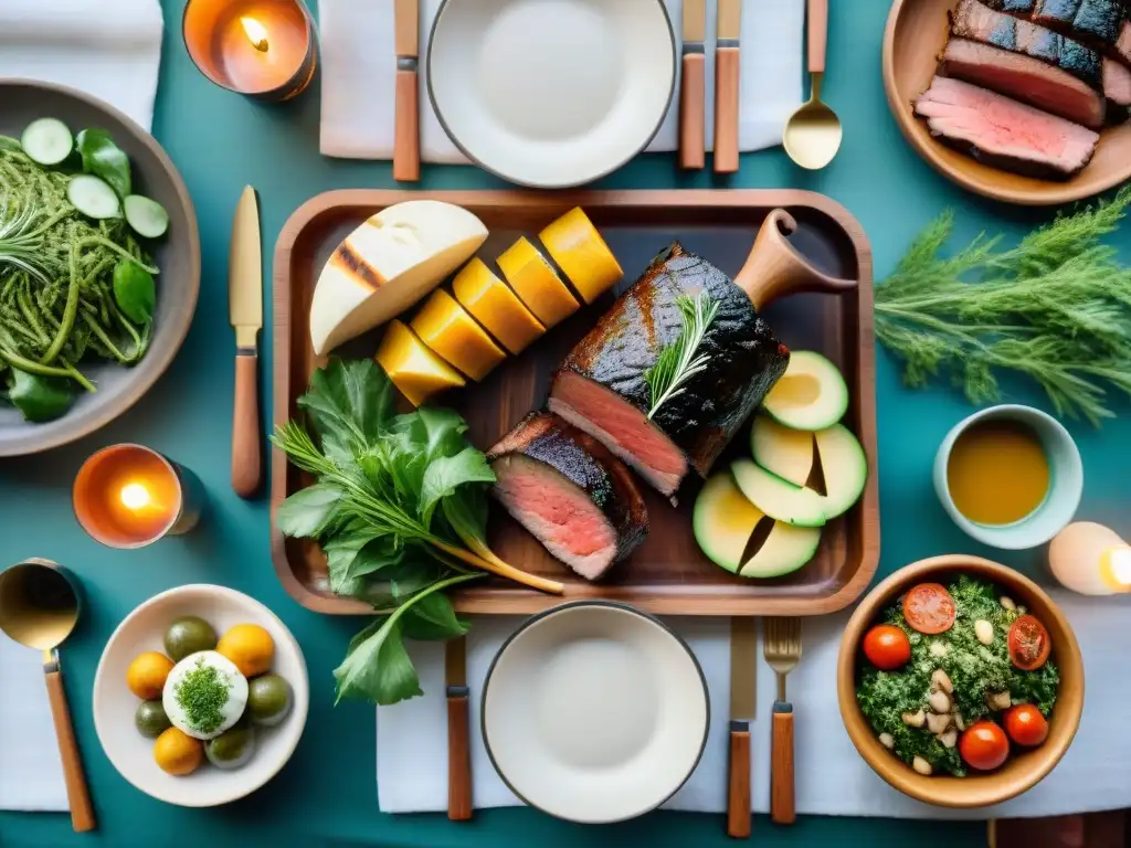 Una mesa de asado uruguayo con variedad de carnes, chimichurris, ensaladas, vino Tannat y decoración rústica, en un entorno natural al atardecer