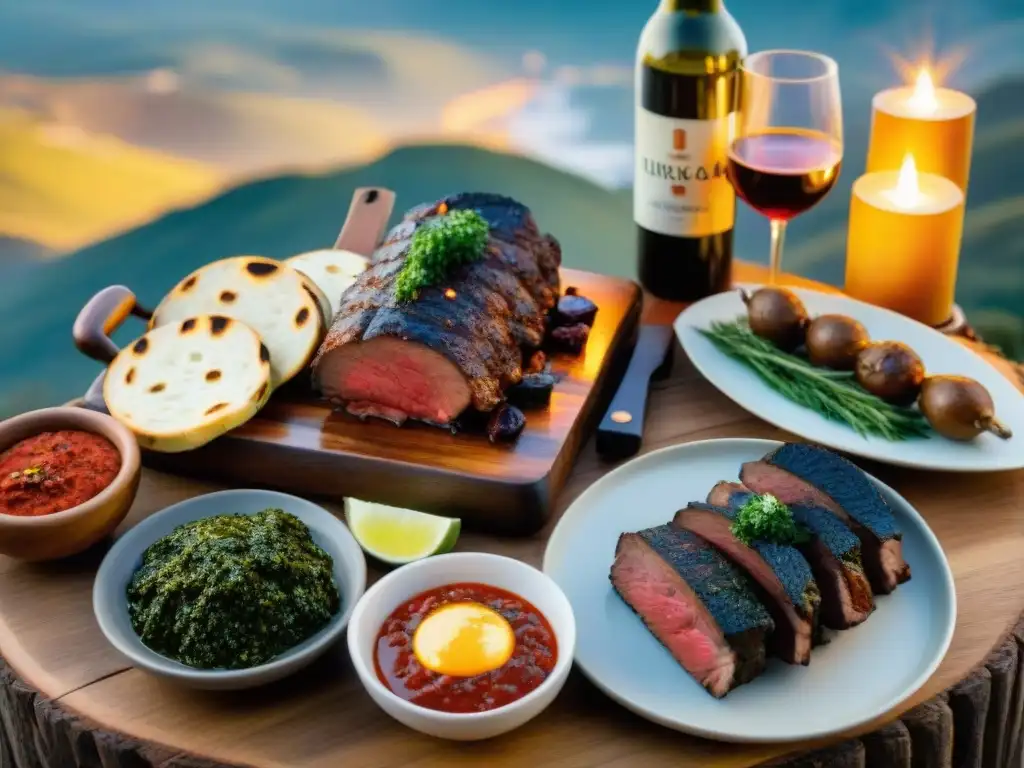 Una mesa de asado uruguayo con variedad de carnes, chimichurri, vinos y cervezas artesanales