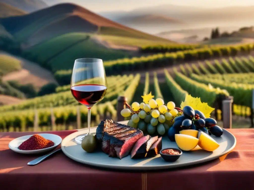 Una mesa de asado uruguayo y vino chileno al atardecer en viñedo, fusionando sabores y culturas