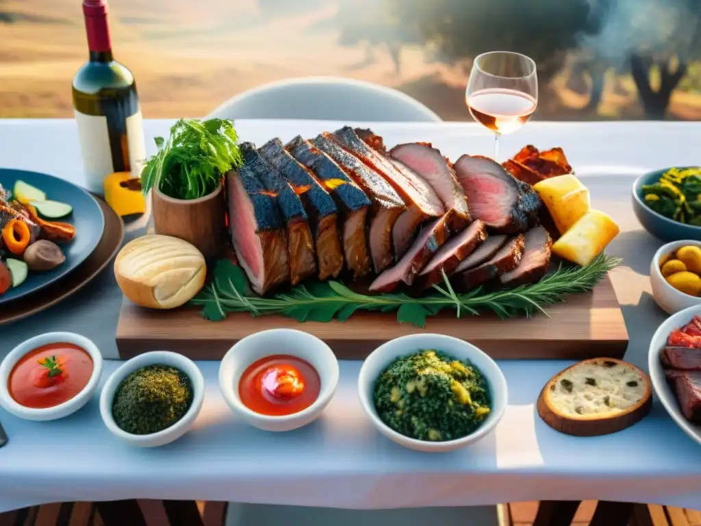 Una mesa de asado uruguayo con vinos blancos, carnes, chimichurri y ensaladas, bañada en cálida luz solar