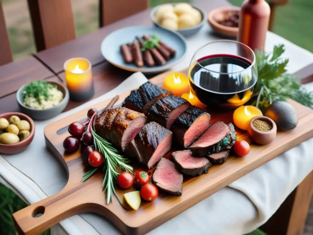 Una mesa de asado uruguaya con vinos de Uruguay para un maridaje perfecto al atardecer