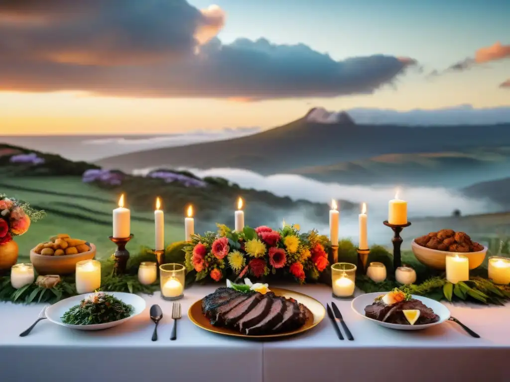 Una mesa de boda al aire libre con tradición asado uruguayo: carnes a la parrilla, chimichurri, velas y flores rústicas al atardecer