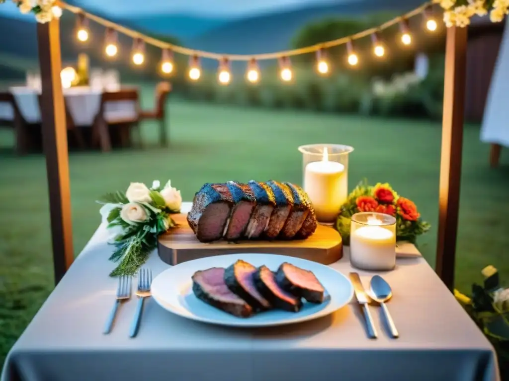 Mesa de boda con tradición asado uruguayo: chivito, morcillas y carne a la parrilla, rodeada de elegantes centros florales y velas, bajo luces cálidas en entorno rústico