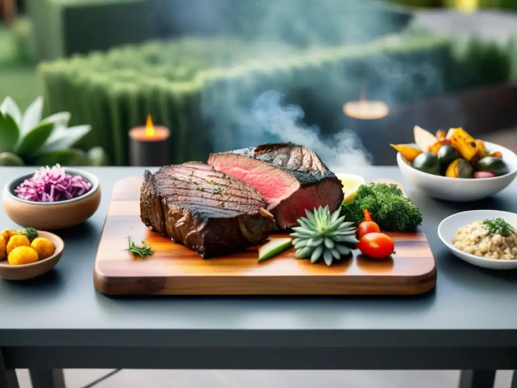 Una mesa de campo con exquisitos cortes de carne uruguayos asados, rodeada de coloridos acompañamientos en un festín tentador