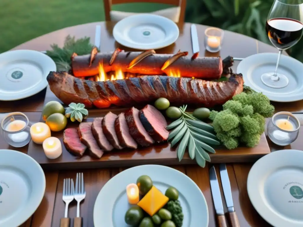 Mesa de cata de vinos en asado uruguayo: carnes grilladas y vinos finos en un ambiente sofisticado y relajado