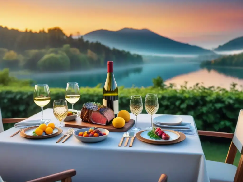 Una mesa de cena al aire libre al atardecer con asado y vino