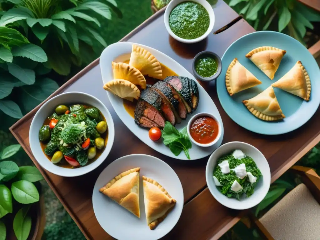 Una mesa de comedor al aire libre con los mejores acompañamientos para asado uruguayo, en un exuberante jardín soleado